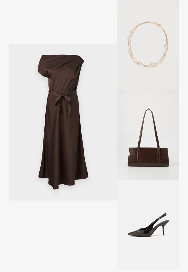 Vestido midi de satén marrón con un solo hombro, cinturón en la cintura y ligera apertura en el dobladillo.; Zapato de tacón alto tipo slingback en piel sintética brillante de color marrón oscuro, con punta afilada, laterales abiertos y correa ajustable en el tobillo.; Bolso de mano de piel sintética marrón con forma rectangular, dos asas largas y sutiles acentos curvados en la parte delantera.; Delicado collar de cadena dorada de doble capa con pequeñas perlas blancas espaciadas uniformemente sobre un fondo claro y liso.
