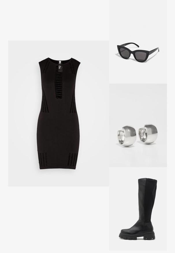 Neon & Nylon SADIE O NECK SHORT DRESS - Robe en jersey - black; RAID WILMA - Bottes à plateau - black; Lunettes de soleil noires en forme d'œil de chat avec une finition mate, dotées de verres teintés gris, d'angles aigus et de branches élégantes. Nom de la marque visible sur la branche intérieure.; Uncommon Matters SCULPTURAL LARGE CREOLE - Boucles d'oreilles - silver-coloured
