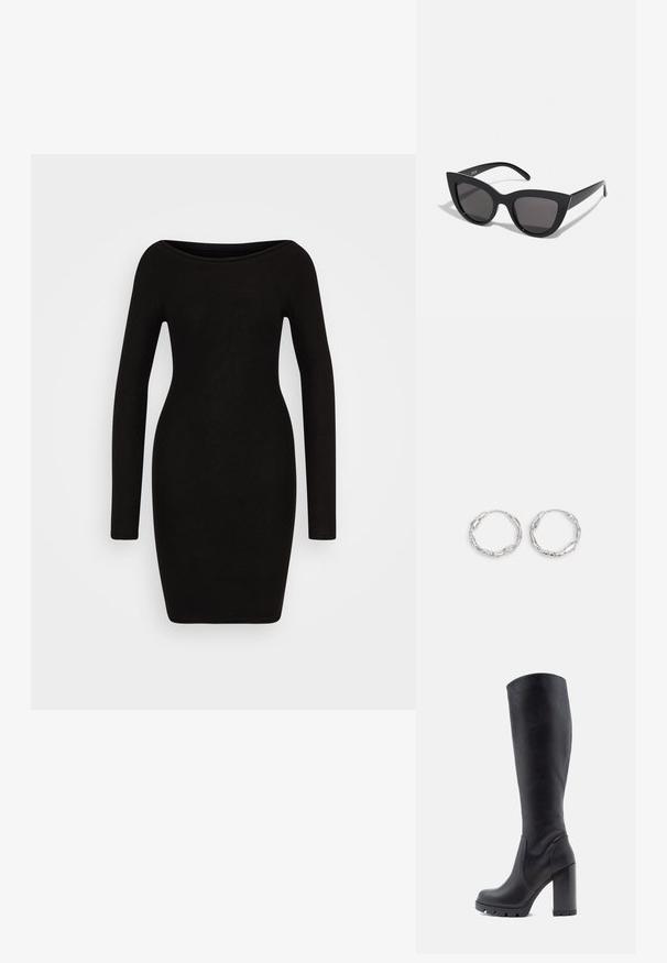 Schwarzes Langarmkleid mit taillierter Form, Bootsausschnitt und glatter Textur, entworfen für eine elegante Silhouette. Keine sichtbaren Muster oder Hardware.; Schwarze kniehohe Stiefel aus glattem Leder, mit einem stabilen Absatz, abgerundeter Zehenpartie, strukturiertem Sohlenmaterial mit Grip, elegantes Design ohne Verzierungen.; Schwarze Cat-Eye-Sonnenbrille mit matter Oberfläche, grauen getönten Gläsern, scharfen Kanten und schlanken Bügeln. Der Markenname ist auf dem inneren Bügel sichtbar.; Silberne Creolen mit einer welligen, unregelmäßigen Textur. Besitzen eine dünne, kreisförmige Form und eine reflektierende Oberfläche.