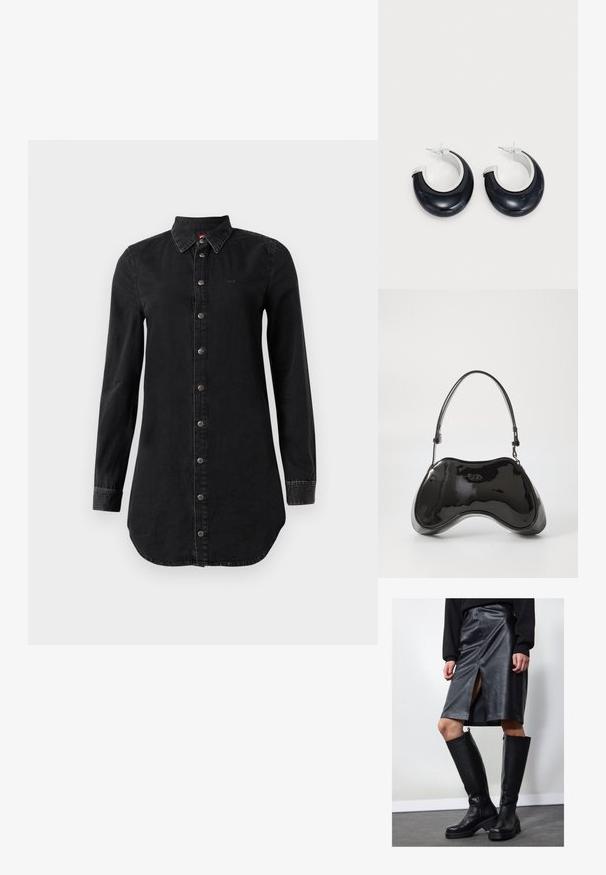 Langärmliges schwarzes Jeanshemdkleid mit Knopfleiste, spitzem Kragen, leicht geschwungenem Saum und genähten Manschetten.; Schwarzer Leder-Bleistiftrock mit Frontschlitz, kombiniert mit kniehohen schwarzen Stiefeln mit Reißverschlüssen und einer derben Sohle für zusätzlichen Halt.; Schwarze Handtasche aus lackiertem Leder mit einer einzigartigen, geschwungenen Form, kurzem verstellbarem Griff und einem Reißverschluss oben. Glatte Textur mit dezentem Branding.; Schwarze Harz-Hoops mit glänzender Oberfläche und silberfarbenen Hardware-Details. Zirkulare Form mit Ausschnitt und Post-Back-Verschluss.