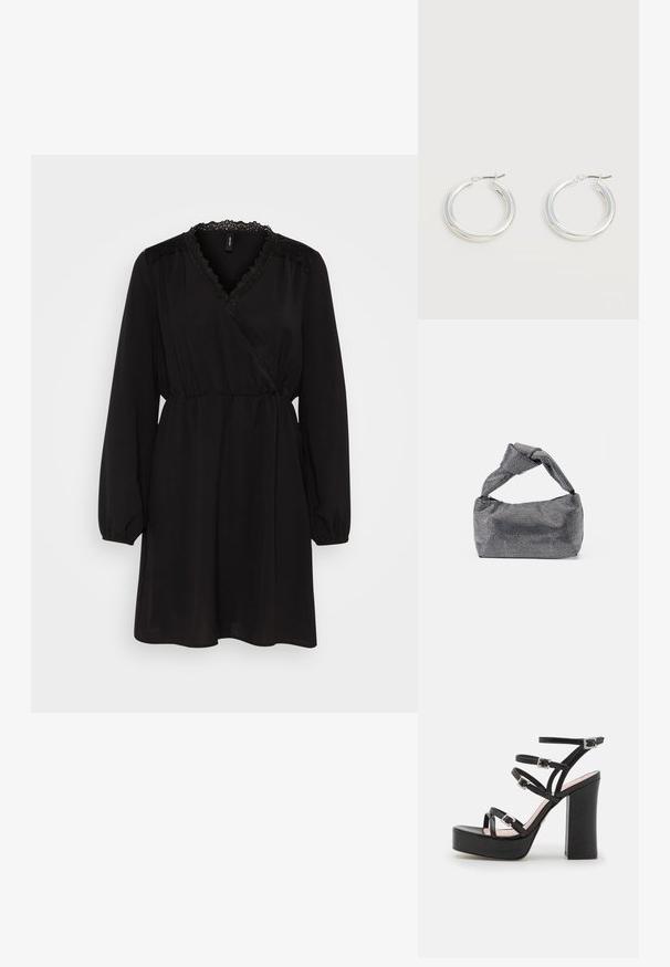 Vero Moda VMALVA WRAP SHORT DRESS - Φόρεμα ημέρας - black; Μαύρες πλατφόρμες με χοντρό μπλοκ τακούνι, πολλαπλές ρυθμιζόμενες ζώνες και ασημένιες πόρπες. Λείο δέρμα στην πάνω επιφάνεια και υφή στην σόλα.; Μαύρη και ασημένια τσάντα χειρός με υφασμάτινη επιφάνεια που διαθέτει διαμαντένιο σχέδιο, κόμπο στη λαβή και δομημένο σχήμα.; Ζευγάρι μεσαίου μεγέθους γυαλιστερά ασημένια σκουλαρίκια κρίκοι με λεπτά μεταλλικά κλείστρα σε ανοιχτό ουδέτερο φόντο.