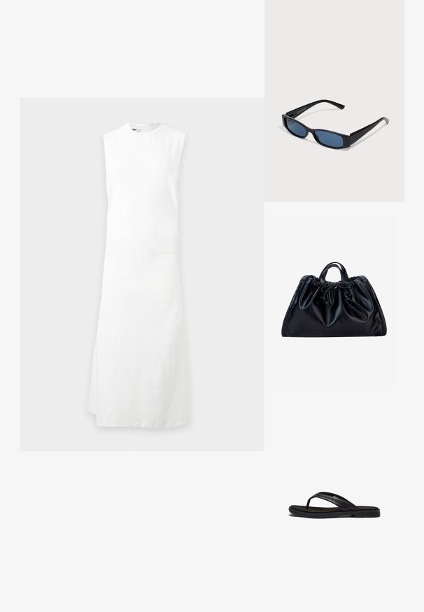 Ärmelloses weißes Midikleid mit geradem Schnitt und rundem Ausschnitt, dargestellt vor schlichtem hellgrauem Hintergrund.; Schwarze Flip-Flops mit einer weich strukturierten Gummisohle und eleganten synthetischen Riemen. Das Design umfasst minimale Hardware und ein niedriges Profil.; Schwarze Sonnenbrille mit einem eleganten rechteckigen Rahmen und blauen Gläsern. Besitzt eine glatte Oberfläche und robuste Scharniere. Markenlogo an der Seite.; Schwarze Lederhandtasche mit gerafftem oberen Teil, kurzen Doppelgriffen und einer gebundenen Kordelverschluss vorne in der Mitte vor weißem Hintergrund.
