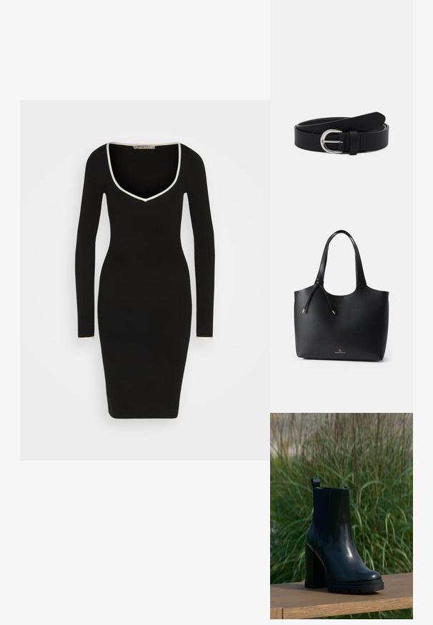 Anna Field by Zalando Etui-jurk - black/white; Zwarte glanzende leren enkelboot met dikke hoge hak en lus, gepresenteerd op een houten oppervlakte met een achtergrond van groene hoge gras.; Zwarte leren totebag met een gladde textuur, open bovenkant, twee schouderbanden en een subtiele gouden logo aan de onderkant. Kenmerkt een trekkoordsluiting.; Zwarte leren riem met een zilveren ronde gesp, vlak ontwerp, taps toelopend uiteinde, gladde textuur en minimalistische stijl.