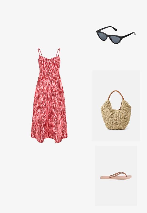 LASCANA Blousejurk - imprime; Enkel lichtroze teenslipper met een textuurrijke zool en metalen rosegouden Y-vormige bandjes op een effen achtergrond.; Zwarte cat-eye zonnebril met donkergrijze lenzen, slank plastic frame, puntige hoeken en rechte pootjes. Geen zichtbare hardware of accenten.; Geweven rieten tas met een natuurlijke textuur en een zachte, organische vorm, met bruine leren handvatten voor eenvoudig dragen.