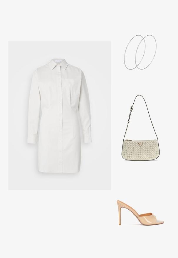 Good American STRETCH SHIRT DRESS - Vestido camisero - white; Mule de charol beige de tacón alto con punta abierta, diseño de tira curvada y tacón de aguja, que presenta un sutil detalle en dorado.; Bolso de hombro color crema con patrón tejido, cremallera dorada, correa negra ajustable y pequeño logotipo metálico triangular en la parte delantera.; Pendientes de aro plateados con un diseño minimalista. Forma circular, textura suave y perfil delgado. Livianos con un acabado pulido.