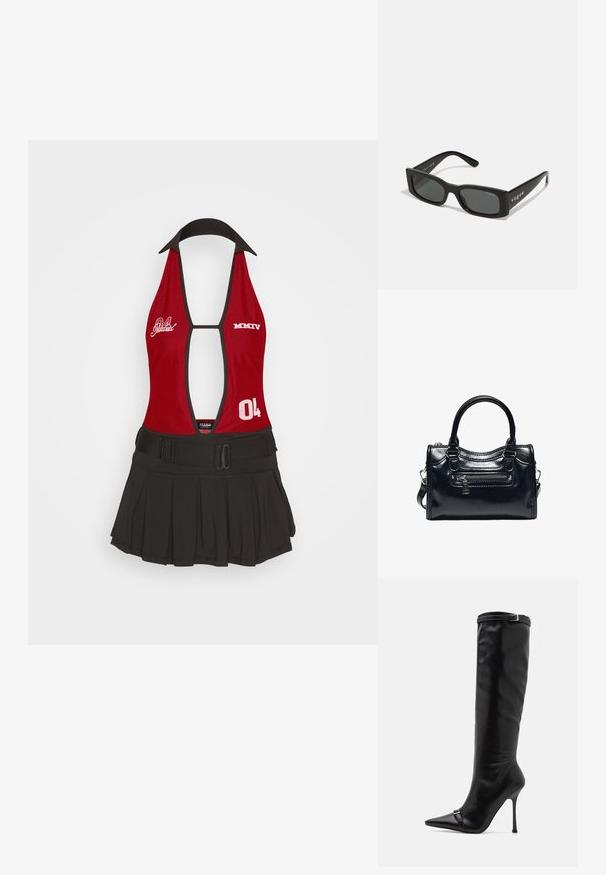 Jaded London SPORTY MINI TENNIS DRESS WITH SCREEN PRINT PLACEMENTS & BELT DETAIL - Robe de jour - rot; Simmi London PALACE - Bottes - black; Lunettes de soleil rectangulaires noires avec des verres sombres. Elles possèdent une monture en plastique lisse et une marque "vogue" sur les branches.; Sac à main en cuir noir brillant avec deux poignées, poche avant zippée et bandoulière amovible sur fond blanc.