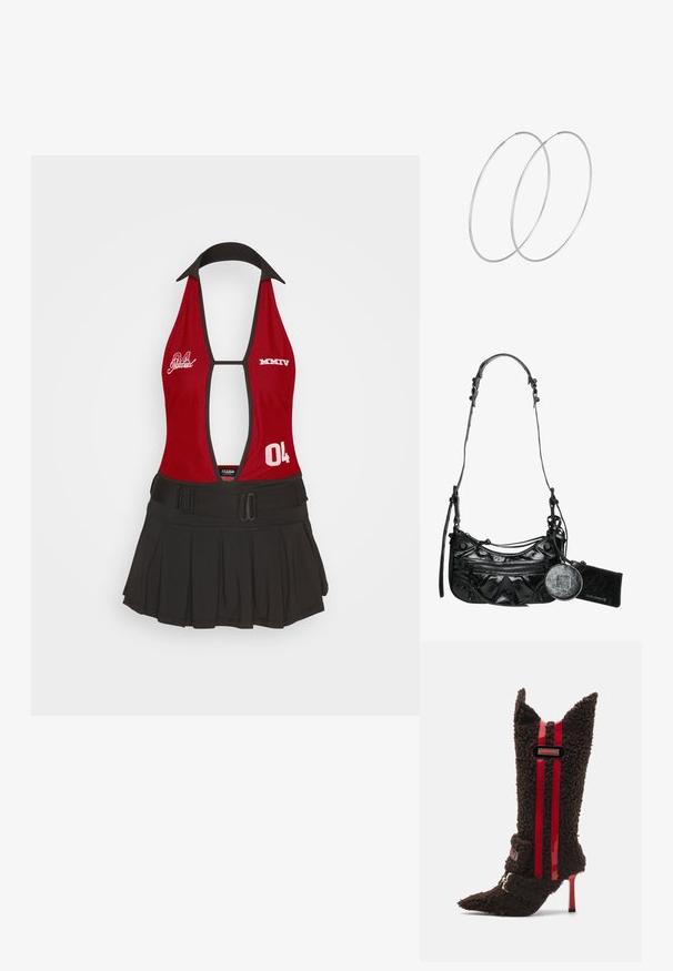 Jaded London SPORTY MINI TENNIS DRESS WITH SCREEN PRINT PLACEMENTS & BELT DETAIL - Denné šaty - rot; Hnedé kožušinové čižmy na vysokom opätku s špicatými špičkami, s červenými lakovanými pruhmi a logom na členku. Textúrovaná tkanina.; Čierna syntetická kožená kabelka s zakriveným dizajnom, so zipsom v prednej kapse a dekoratívnym kovovým príslušenstvom, vrátane odnímateľnej okrúhlej peňaženky.; Strieborné kruhové náušnice s minimalistickým dizajnom. Cirkulárny tvar, hladký povrch a tenký profil. Ľahké s lesklým povrchom.