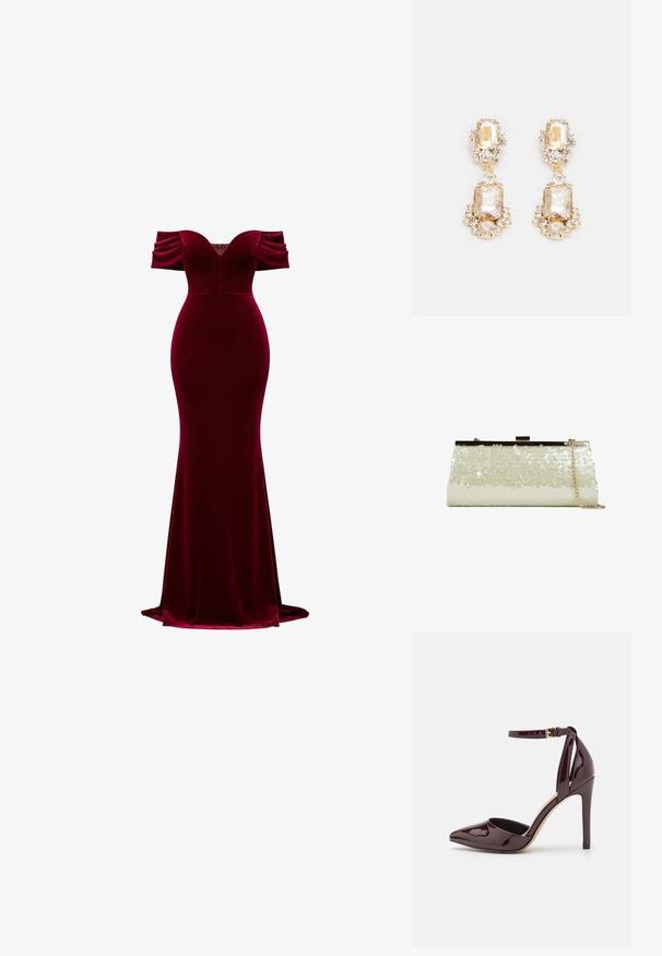 Vestido de terciopelo burdeos con silueta ajustada, escote corazón y mangas abullonadas fuera de los hombros. Textura suave y diseño hasta el suelo.; Zapato de charol burdeos de tacón alto con punta afilada, correa en el tobillo y un tacón de 10 cm tipo stiletto. Textura suave y detalles mínimos.; Bolso de mano con lentejuelas blancas relucientes, estructura metálica en tono dorado y una correa de cadena colgada a un lado, sobre un fondo blanco.; Pendientes de gota en tono dorado que presentan grandes cristales rectangulares y redondos transparentes, con piedras de acento más pequeñas, creando un diseño en capas.