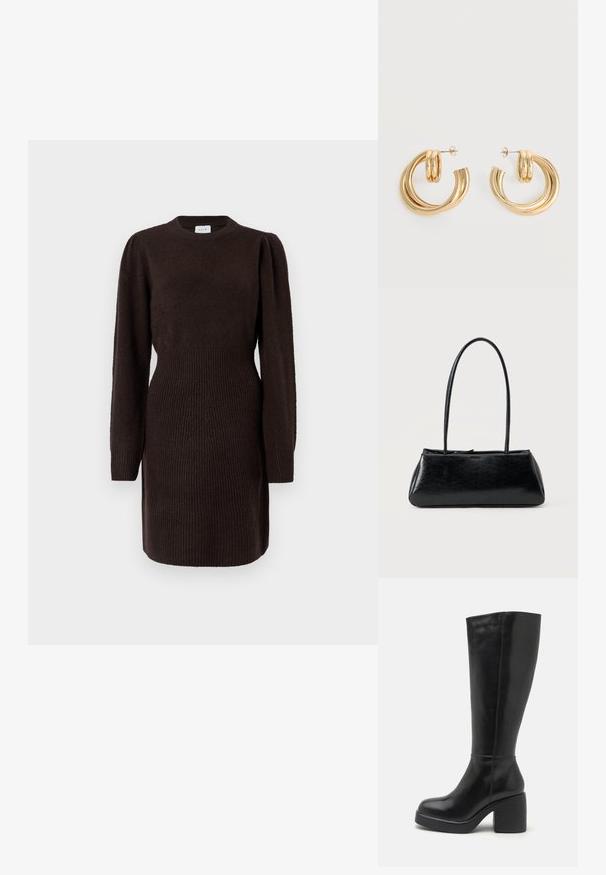 Mørkebrun, strikket kjole med rund hals, lange pufærmer og ribbet struktur ved taljen og manchetterne. Glat kropstruktur.; Zign by Zalando LEATHER - Højhælede støvler - black; Sort rektangulær skuldertaske med lange tynde stropper og en glat, blank tekstur på en ensfarvet baggrund.; Par af skinnende gyldne dobbelt loop øreringe med stift-lukning på hvid baggrund.