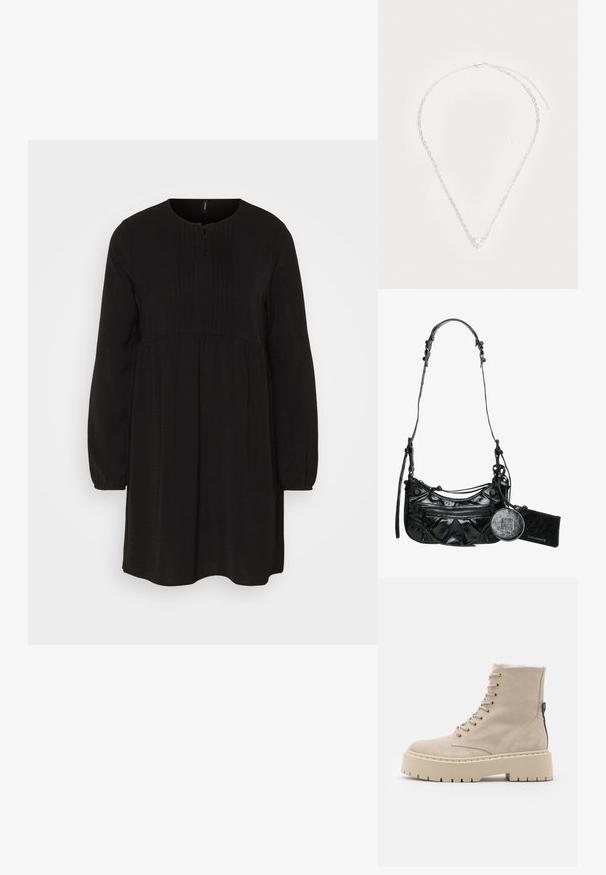 Vero Moda VMALVA PLEET DRESS - Jurk - black; Beige suède enkellaars met een platformzool, vetersluiting aan de voorkant en een zijrits. Heeft stikdetails en een gestructureerde zool.; Zwarte synthetische leren handtas met een gebogen ontwerp, een ritsvak aan de voorkant en decoratieve hardware, inclusief een afneembare ronde muntenpouch.; Zilveren ketting met een hartvormige heldere edelsteen in het midden, met ovale schakels en een veilige karabijnsluiting.