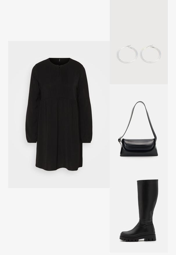 Vero Moda VMALVA PLEET DRESS - Robe de jour - black; Even&Odd by Zalando Bottes à plateau - black; Sac à main en cuir noir avec une forme structurée, une texture lisse et une seule bandoulière. Présente un design de rabat arrondi et subtil.; Paire de boucles d'oreilles créoles argentées brillantes avec fermoirs en fil fin, présentée sur un fond gris clair.