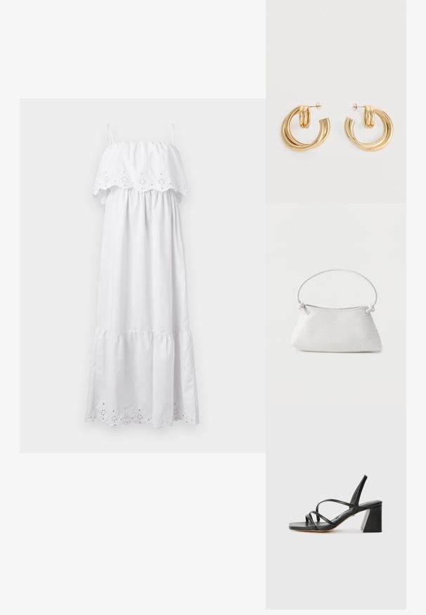Robe maxi blanche avec un haut élastiqué hors des épaules, détails floraux brodés et ourlet à volants en couches. Fabriquée en tissu léger.; Sandales noires à talons avec un bout carré, présentant plusieurs fines bretelles et un talon bloc géométrique. Texture en cuir lisse et design minimaliste.; Sac à main en cuir tressé blanc avec poignée arrondie et extrémités de lanière nouées, présenté sur un fond uni.; Paire de boucles d'oreilles créoles doubles en or brillant avec attaches à tige sur fond blanc.