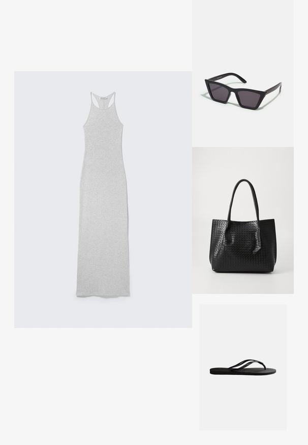 Vestido justo comprido cinza claro, sem mangas, estilo racerback e etiqueta "WEEKDAY" no interior do colarinho.; Chinelo preto de borracha com palmilha texturizada e tiras finas em formato de Y, apresentado sobre um fundo branco simples.; Óculos de sol pretos, angulares, com lentes cinzas; feitos de plástico, apresentando hastes grossas com uma superfície lisa e sem hardware visível.; Bolsa tote preta em couro trançado com duas alças, forma estruturada e acabamento ligeiramente brilhante em um fundo claro.