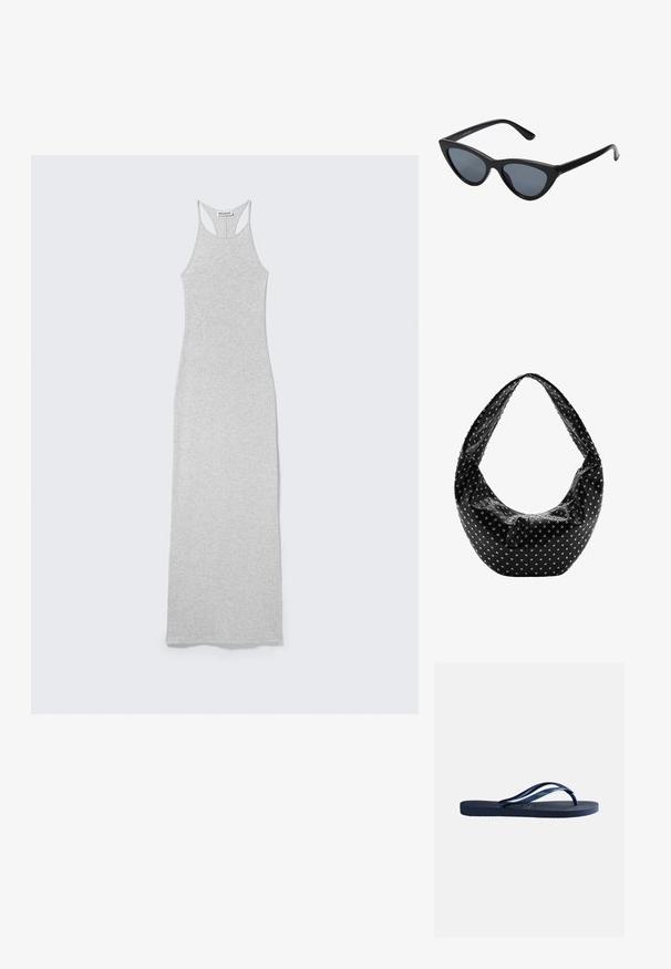 Vestido ajustado de cuerpo largo sin mangas en gris claro, con estilo racerback y etiqueta "WEEKDAY" dentro del cuello.; Chancla de goma azul marino con suela texturizada y tiras en forma de Y, aislada sobre fondo liso gris claro.; Gafas de sol negras en forma de ojo de gato con lentes gris oscuro, marco de plástico elegante, esquinas puntiagudas y patillas rectas. Sin herrajes ni acentos visibles.; Bolso de mano de cuero negro con una forma holgada, adornado con tachuelas plateadas y una correa ancha para el hombro. Textura suave con un diseño fruncido.