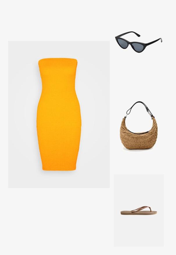 Even&Odd by Zalando Etui-jurk - orange; Bruine rubberen teenslipper met gestructureerde zool en merkgebonden V-vormige bandjes op een effen lichte achtergrond.; Zwarte cat-eye zonnebril met donkergrijze lenzen, slank plastic frame, puntige hoeken en rechte pootjes. Geen zichtbare hardware of accenten.; Gevlochten strohandtas in beige met een gebogen silhouet, voorzien van een zwarte leren band en zilverkleurige metalen accenten. Gestructureerde afwerking.