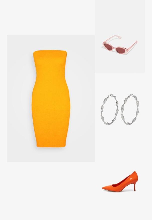 Even&Odd by Zalando Etuikjole - orange; Woden WODEN - Pumps - tiger; Lyserøde transparente solbriller med ovale linser, mørkerød toning og slanke stænger, der har en glat overflade og diskret detaljering på rammen.; Sølv hoop øreringe med et snoet design, der har en tekstureret overflade og en sikker lås. Letvægts og reflekterende med en glat finish.