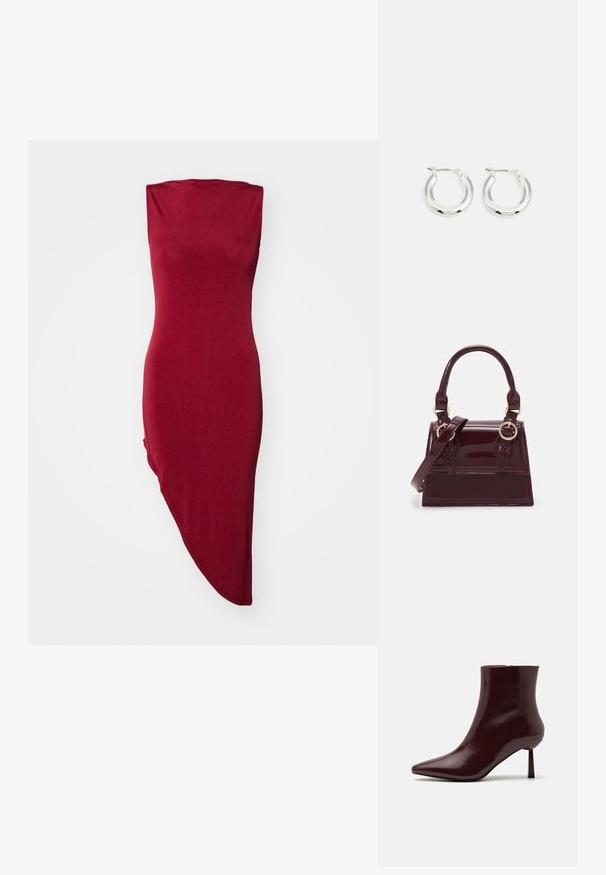 Červené, bezrukávové bodycon šaty s priliehavým korzetom a asymetrickým lemom. Mäkka, hladká tkanina s jemným leskom.; Burgundské lakované kozačky po členky s špicatou špičkou a štíhlým stiletto podpätkom, s hladkou, lesklou textúrou a minimalistickým dizajnom.; Burgundská kabelka z lakovanej kože so štruktúrovaným tvarom, dvojitým držadlom a nastaviteľným popruhom. Obsahuje hardvér v zlatej farbe a prešívané akcenty.; Strieborné kruhové náušnice s lešteným povrchom, ktoré majú kruhový tvar a závesné zapínanie. Hladký povrch s minimálnymi detailmi.