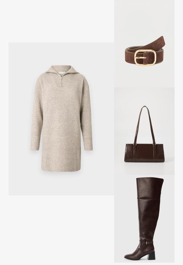 Strikket sweaterkjole i lys beige med halv-lynlås i kraven, ribbet struktur, lange ærmer og en afslappet pasform, ideel til lag-på-lag.; Mørkebrun knæhøj læderstøvle med blokhæl og dekorativ stropdetalje på siden, vist mod en ensfarvet lys baggrund.; Brun lakeret håndtaske med rektangulær form, to lange håndtag og subtile buede detaljer på fronten.; Brunt ruskindsbælte med en rektangulær spænde i guldmetal. Bæltet har en glat tekstur og er designet til at fastgøre i taljen.