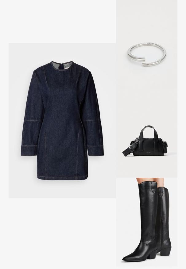 Dunkelblauses Denim-Tunika-Kleid mit Rundhalsausschnitt, langen Ärmeln und sichtbaren Nähten. Es verfügt über seitliche Taschen und eine gerade Silhouette.; Hohe schwarze Lederstiefel mit spitzen Zehen, Blockabsätzen und seitlichen Reißverschlüssen, getragen an Beinen vor hellem Hintergrund.; Schwarze Lederhandtasche mit doppelten oberen Griffen und einem abnehmbaren Schultergurt. Verfügt über einen Reißverschluss und ein dezentes Logo auf der Vorderseite.; Calvin Klein SPIRAL - Armband - silver-coloured