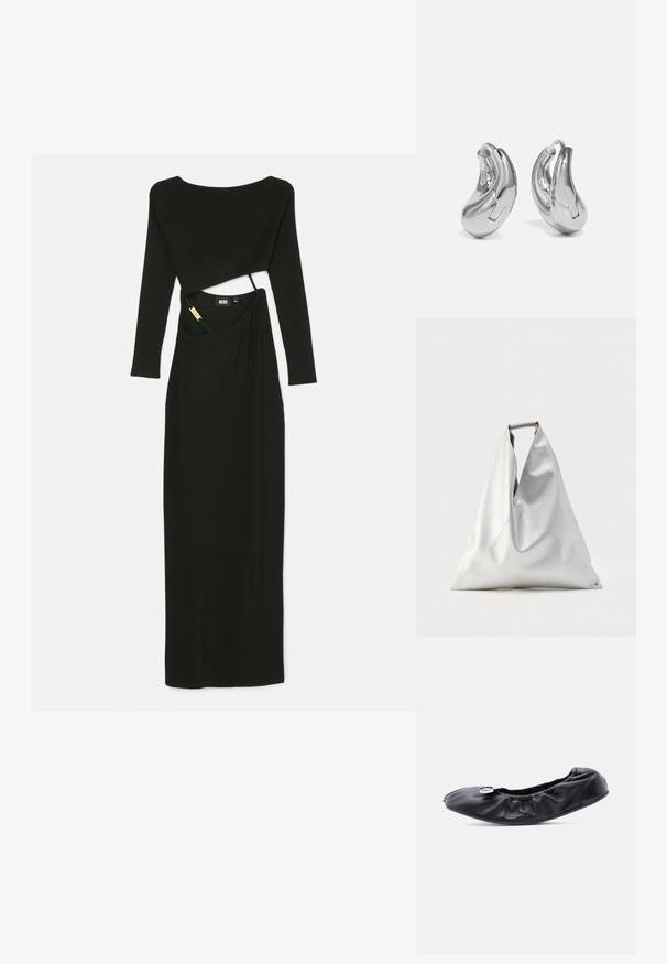 GCDS BLING LONG DRESS - Robe longue - black; Chaussure plate en cuir noir avec un bout arrondi et un design froncé le long de l'ouverture. Présente un détail discret en métal argenté sur le devant.; Grand sac fourre-tout argenté de forme triangulaire avec une texture en cuir souple, debout verticalement avec une poignée supérieure visible sur un fond uni.; Boucles d'oreilles en argent en forme de créoles avec une finition incurvée et brillante, et un design sans couture. Équipées d'une fermeture à charnière pour un port sécurisé.