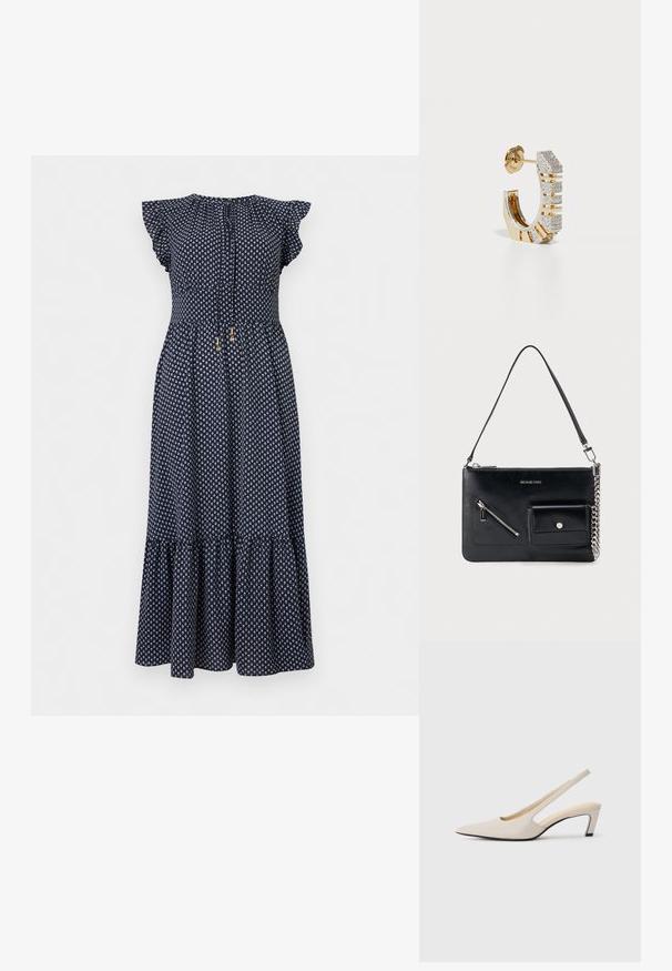 Mellemblå midi-kjole med hvidt diamantmønster, flagrende kappelærre, rynket talje, frontbind med guldkugler og flæsekant.; Beige slingback-hæle med spids tå, åbne sider og lille blokhæl. Glat læderstruktur og minimalistisk design.; Sort Michael Kors skuldertaske i læder med toplynlås, diagonal lynlåslomme foran, klaplomme med trykknap og sølvkædedetalje.; Guldtonet hoop ørering med skiftende klare rhinesten-segmenter og en glat metallisk finish. Har en sikker lukning og geometrisk design.