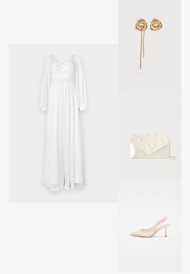 Robe longue blanche avec un corsage en dentelle brodé, des manches longues bouffantes et une jupe fluide. Texture lisse et matériau léger.; Steve Madden VERO - Escarpins à talons hauts - champagne; Pochette en satin crème avec broderie de perles et fleurs sur le rabat, et une fine chaîne dorée sur fond blanc.; Boucles d'oreilles florales en or avec des pétales texturés et un anneau de petites pierres claires, une boucle d'oreille comportant deux chaînes pendantes de minuscules pierres.
