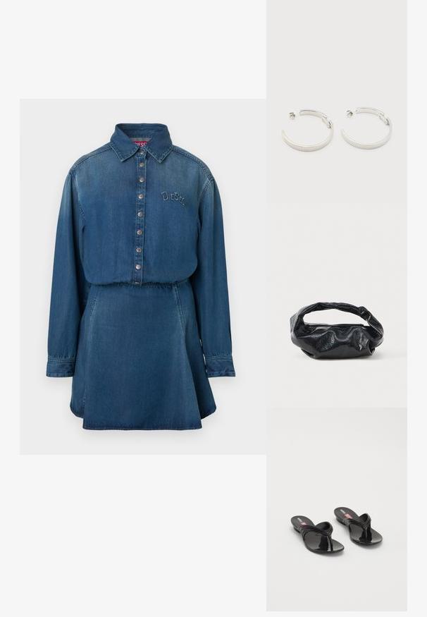 Denimskjortekjole med krave, lange ærmer og knaplukning. Blå vask, elastisk talje og broderet logodetalje på brystet.; Melissa QUANTUM THONG X DIESEL - Sandaler m/ tåsplit - black; Sort taske lavet af blankt, tekstureret materiale med et cirkulært, snoet håndtag og lynlås. Har et blødt, rynket design.; Sølvfarvede halvcirkelformede creoler med riflet tekstur og trykknapslukning på hvid baggrund.
