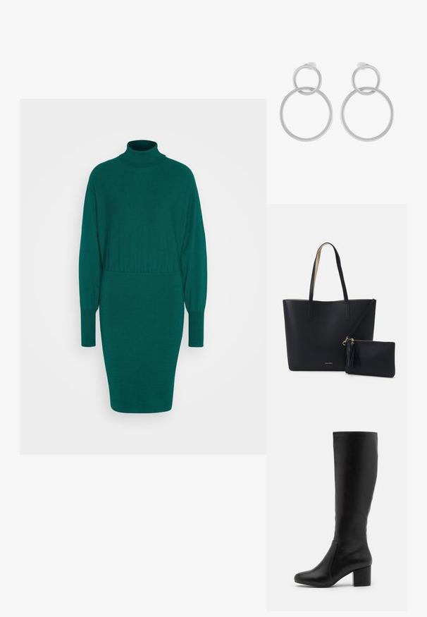 Anna Field by Zalando Gebreide jurk - green; Knielange zwarte leren laarzen met een gladde textuur, ronde neus, zijpaneel en een chunky blokhak.; Zwarte totebag van gestructureerd materiaal, met twee lange handvatten en een afneembare tas met rits voorzien van een franjesdetail. Gouden merklogo zichtbaar.; Zilveren metalen oorbellen met twee in elkaar grijpende cirkels, een grotere en een kleinere, met een geborstelde afwerking en schroefsluitingen.