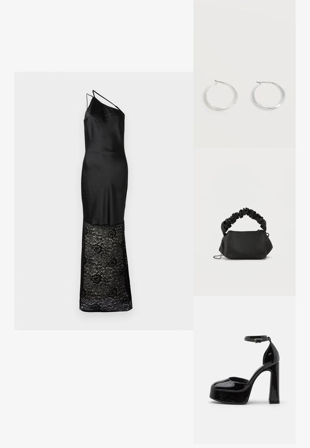 Vestido negro con un top de satén de un solo hombro y una falda de encaje, decorada con patrones florales y una textura semitranslúcida en la parte inferior.; Zapatos de tacón de charol negro con plataforma y correa al tobillo, punta redondeada y tacón cuadrado, que muestran una textura lisa y brillante.; Bolso negro con forma redondeada, hecho de material suave. Cuenta con un asa suave y arrugada y una correa de cadena de metal para mayor versatilidad.; Pendientes de aro de metal plateado con superficie lisa y ligeramente curvada y cierre de tipo mosquetón sobre un fondo blanco liso.
