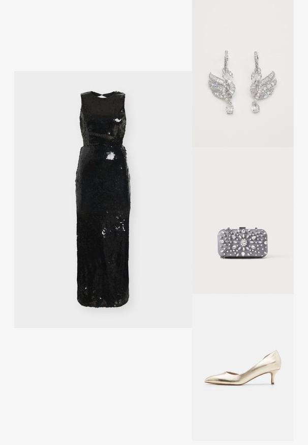 Sort aftenkjole med palietter, kropsnær pasform, rund halsudskæring og ærmeløs stil, med en diskret skæring ved kanten.; Metallic guld højhælede pumps med spids tå, slank hæl, glat tekstur og minimale syninger på overdelen.; Lille rektangulær mørkegrå clutch pyntet med klare rhinsten i et strålende mønster og en sølvkæde som strop.; Sølv øreringe formet som svaner, med klare krystaller, perleaccentuer og et dråbe-design med en tåreformet ædelsten.