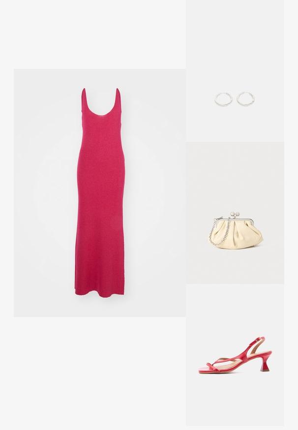 Robe longue et ajustée de couleur rose vif, avec un décolleté en scoop et des bretelles fines. Fabriquée dans un tissu texturé et scintillant.; Sandale à bride arrière en cuir rouge avec talon bas évasé, bout carré, fines lanières et fermeture à boucle ajustable sur fond clair.; Pochette en cuir beige plissé avec un cadre en métal argenté, dotée de deux fermoirs ronds décoratifs et d'une chaîne en argent.; Une paire de boucles d'oreilles en argent avec de subtils détails gravés, placées sur un fond blanc uni.
