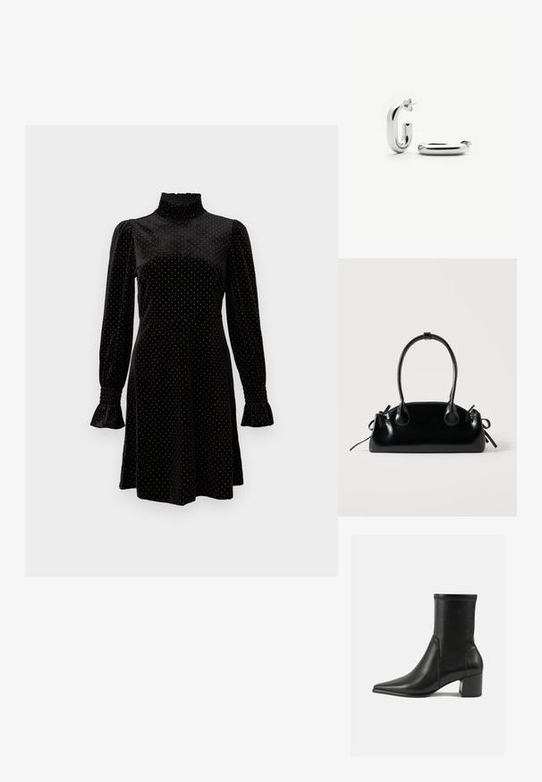 Schwarzes Samt-Minikleid mit goldenen Punkten, langen puffärmel, gerafftem hohem Kragen und gesmokten Bündchen.; Schwarze Knöchelstiefel aus glattem Leder, mit spitzem Zehenbereich, einem Blockabsatz und markanten, raised stitching am oberen Rand.; Kleine schwarze glänzende Handtasche mit zwei langen Griffen und seitlichen Kordelzug-Details vor einfachem hellem Hintergrund.; Silberfarbene, klobige rechteckige Creolen mit Steckverschluss, eine steht aufrecht und die andere liegt flach auf weißem Hintergrund.