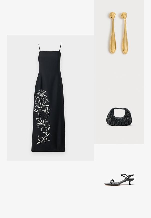 Sort kjole med tynde stropper, der har et hvidt blomstermønster broderet på den ene side, glat stof og en lige silhuet.; Sorte lædersandaler med et slankt, minimalistisk design. Har to tynde remme og en lille, skrå hæl. Glat tekstur og åben tå.; Sort flettet hobo-taske med blød struktur og integreret håndtag, vist på en ensfarvet lys baggrund.; Par lange, glatte, skinnende gyldne dråbeøreringe med afrundede toppe og tilspidsede dråbeformer på en lys baggrund.