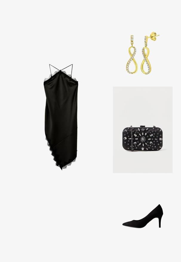 Vestido de satén negro con tirantes dobles finos, ribete de encaje a lo largo del escote y dobladillo asimétrico.; Zapato de salón de ante negro con tacón alto, punta puntiaguda y textura suave, con un tacón delgado y costuras sutiles a lo largo de los bordes.; Clutch negro de forma rectangular, decorado con varios strass en un patrón floral, con una cadena plateada para llevar.; Pendientes en tono dorado con forma de símbolo de infinito estilizado, adornados con cristales transparentes de corte redondo a lo largo de los bordes. Cierre a presión.