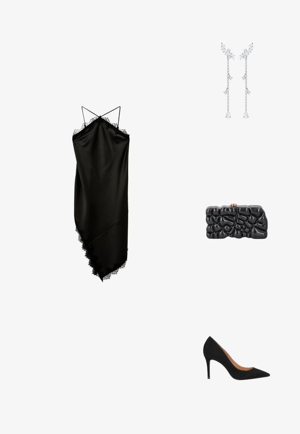 Sort satin slipkjole med tynde dobbelte stropper, blondekant langs udskæringen og asymmetrisk kant.; Sorte ruskinds stiletter med spidse tæer, elegant design og stilethæle. Har en glat indvendig foring.; Skinnende sort clutch taske med en abstrakt, tekstureret overflade og en lille metallukning på toppen, vist mod en hvid baggrund.; Elli Øreringe - silberfarben
