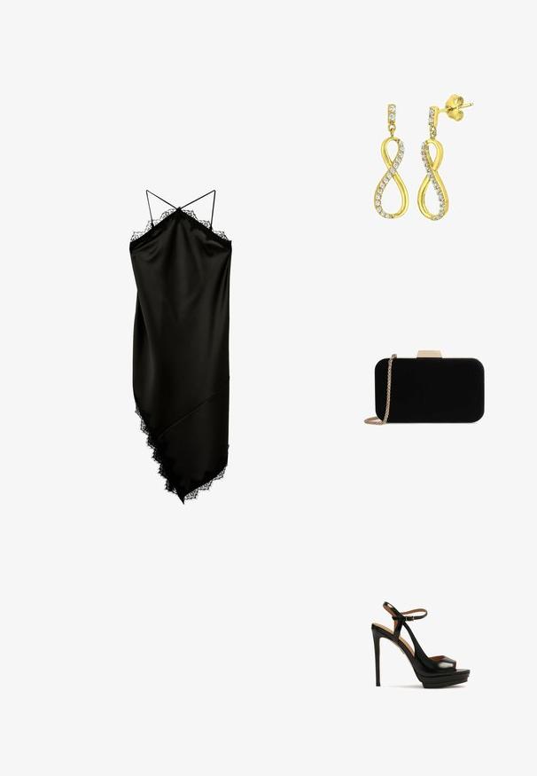 Vestido de satén negro con tirantes dobles finos, ribete de encaje a lo largo del escote y dobladillo asimétrico.; Sandalia negra de tacón alto con punta abierta, tira en el tobillo, material de cuero brillante, base de plataforma y tacón stilettos. Detalle de hardware dorado.; Clutch de terciopelo negro con herrajes en tono dorado, de forma rectangular y con correa de cadena, que presenta una textura suave y sin patrones visibles.; Pendientes en tono dorado con forma de símbolo de infinito estilizado, adornados con cristales transparentes de corte redondo a lo largo de los bordes. Cierre a presión.