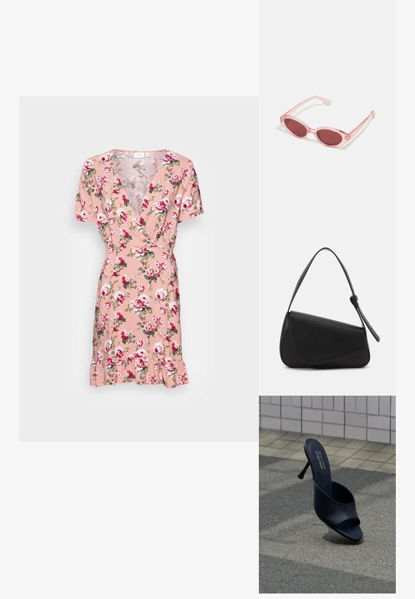 Robe fleurie avec un décolleté en V profond, des manches courtes et un ourlet volé, en tissu rose orné de roses rouges et blanches et de feuilles vertes.; Mule noire à bout ouvert avec un talon haut et fin, posée sur de l'asphalte près d'un mur carrelé de beige, avec un texte imprimé sur la semelle intérieure indiquant la marque et le matériau vegan.; Lunettes de soleil transparentes roses avec des verres ovales, teintés d'un rouge foncé, et des branches fines, présentant une finition lisse et des détails subtils sur la monture.; Sac à main en cuir noir de forme triangulaire, avec un rabat incliné et une poignée supérieure arrondie. Il présente une texture lisse et des détails de design minimalistes.
