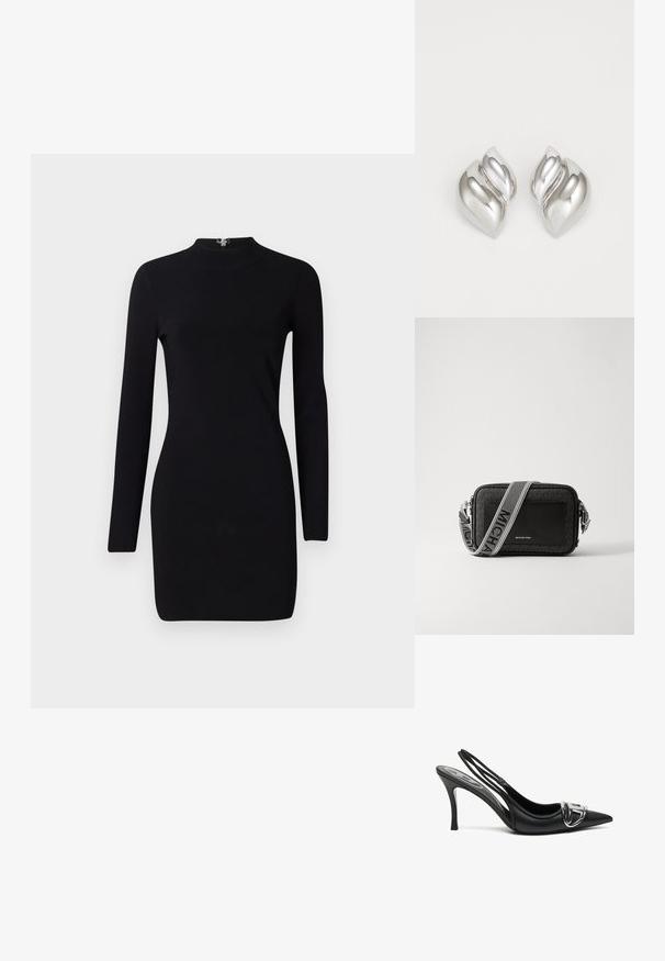 Vestido negro de manga larga con silueta ajustada, cuello alto y cierre con cremallera en la parte trasera. Textura suave y tejido elástico. Sin patrones ni adornos.; Zapatos de tacón alto de charol negros con tira trasera y punta afilada, que presentan un detalle de hebilla plateada brillante y un tacón delgado. Textura de cuero suave, diseño minimalista.; Bolso bandolero negro que presenta un cuerpo de tejido texturizado, una parte delantera de cuero suave y una correa contrastante con la marca "MICHAEL KORS".; Pendientes de plata con una forma orgánica y abstracta. Superficie lisa y brillante con un diseño cónico. Presentan suaves curvas y un detalle de línea central.