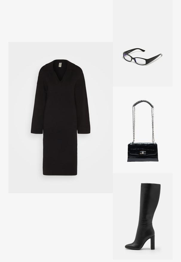 YAS YASABELIA DRESS - Robe pull - black; Botte en cuir noir à hauteur de genou avec un bout pointu et un talon bloc haut. Texture lisse avec un design minimaliste et sans matériel visible.; Des lunettes rectangulaires noires avec des verres transparents. Fini brillant, branches étroites et teinte violette visible sur les bords des verres.; Sac à main en cuir noir à texture crocodile avec fermoir à verrou argenté et longue chaîne argentée avec patte d'épaule en cuir.