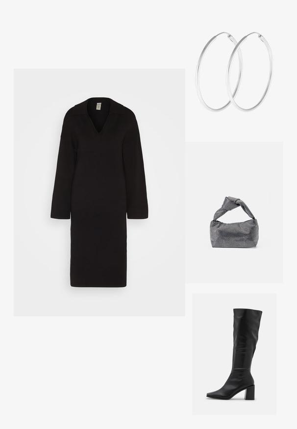 YAS YASABELIA DRESS - Strikkjoler - black; RAID BLICK - Høje støvler/ Støvler - black; Sorte og sølv håndtaske med en tekstureret overflade, der har et diamantmønster, en knyttet håndtag og en struktureret form.; Sølvfarvede hoop øreringe med en glat, rund form og en poleret overflade. Begge øreringe er i samme størrelse og har en sikker lukke mekanisme.