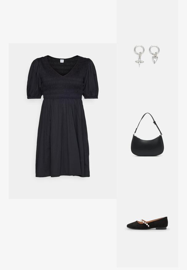 GAP SMOCKED PUFF MINI DRESS - Hverdagskjole - black; Sorte ruskind balletflade med spids tå, der har en dekorativ rem prydet med hvide perler og en lav hæl.; Pieces PCALUANA SHOULDER BAG - Håndtasker - black; Sølv hoop øreringe med et kors og hjerte charm. Glat, skinnende tekstur med en poleret finish. Hver charm hænger fra en sikker løkke.