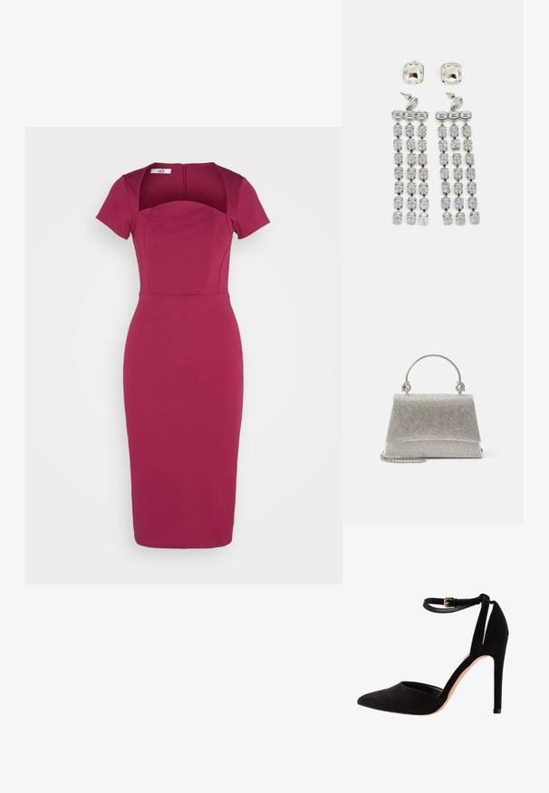 WAL G. BRODY SHORT SLEEVE MIDI - Jerseykjole - magenta; Sorte semskede høyhælte sko med spiss tå, ankelrem og stiletthæl. Designet har en glatt tekstur med minimal detaljer.; ALDO FELISIA - Håndveske - silver-coloured; Krystall drop øreringer med sølvfarget hardware, som har en kvadratisk studs og kaskader av rektangulære og oktagonale krystaller.