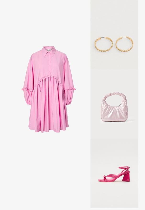 Rosa Langarmkleid mit Kragen, Knopfleiste, gerafftem Bund und Rüschendetails an Ärmeln und Taille.; Rosa Lackleder-Sandaletten mit Absatz, rechteckiger Zehenpartie, schmalen Riemen und geometrischem Blockabsatz. Mit einer Schnallenverzierung am Riemen.; Rosa, gepolsterte Handtasche mit abgerundeter Form, aus glänzendem Material gefertigt. Verfügt über einen gerafften Griff und einen Reißverschluss für sicheren Zugang.; Goldene Creolen mit einem strukturierten Design und kleinen, runden Perlen entlang der äußeren Kante. Leicht und mit sicherem Verschluss.