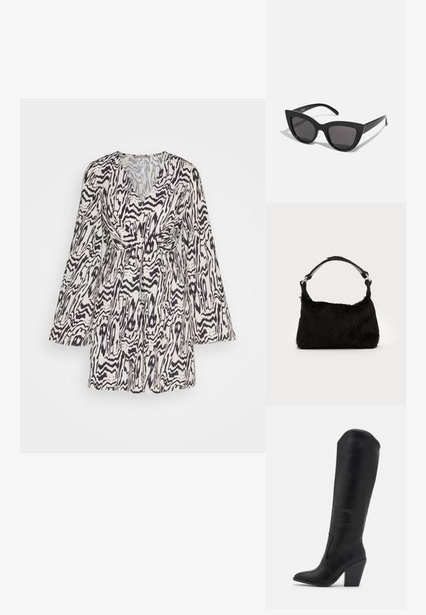 Bloemeneprint jurk in wit en zwart, met lange klokmouwen en een cinched taille, V-halslijn en een vloeiende rok van textuurstof.; RAID LAKELYN - Laarzen met hoge hak - black; Zwarte cat-eye zonnebril met een matte afwerking, voorzien van grijs getinte glazen, scherpe hoeken en slanke zijarmen. Merkennaam zichtbaar op de binnenarm.; Zwarte neplederen handtas met een zachte textuur, ronde vorm en een stevige zwartleren schouderband. Zilveren hardwareaccenten zichtbaar.
