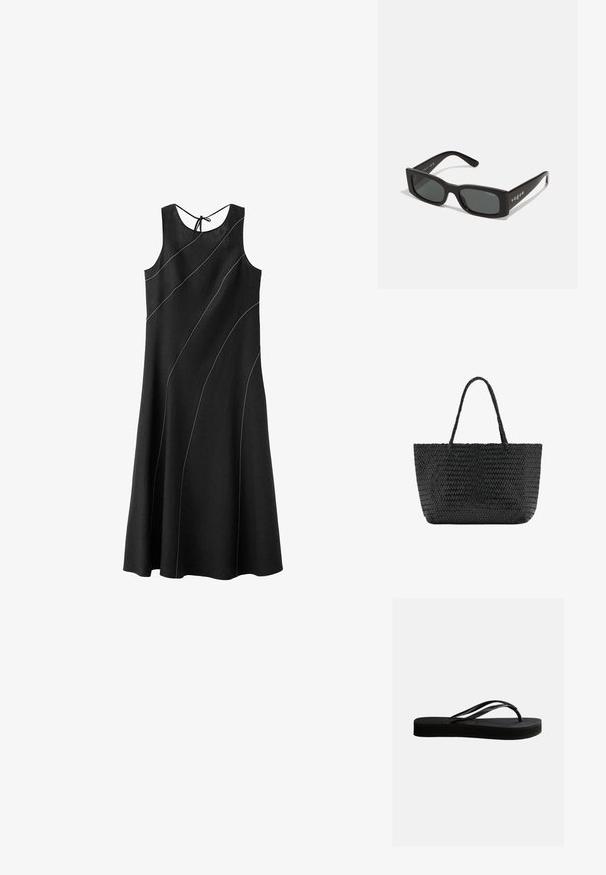 Vestido midi negro sin mangas con patrones curvos de costuras blancas y cierre con lazo en la parte posterior del escote.; Chancla negra de goma con suela texturizada y correa en forma de Y, mostrada en vista lateral sobre un fondo liso y claro.; Gafas de sol rectangulares negras con lentes oscuros. Presentan un marco de plástico liso y la marca "vogue" en las patillas.; Bolsa tote negra tejida con dos asas trenzadas, forma rectangular y patrón texturizado, mostrada sobre un fondo blanco liso.
