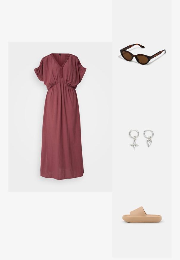 Vestido largo maxi en color burdeos, con escote en V, mangas cortas abullonadas y cintura elástica. Hecho de una tela ligera con una textura suave.; Sandalia deslizante marrón con una tira gruesa y texturizada y una suela redondeada. Presenta un acabado suave y una parte inferior con tacos para mayor agarre.; Gafas de sol de carey marrón con una forma vintage de ojo de gato y lentes marrones. Presentan brazos curvados con acentos rojos.; Pendientes de aro de plata con un charm de cruz y corazón. Textura suave y brillante con un acabado pulido. Cada charm cuelga de un lazo seguro.