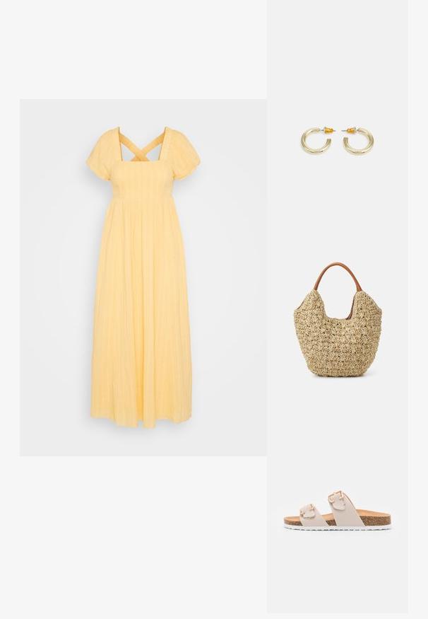 American Eagle EMPIRE BABYDOLL MIDI - Hverdagskjole - orange; Beige slidesandaler med to justerbare stropper og guldfarvede spænder. Korksål med en struktureret hvid gummisål.; Vævet stråtasker med en naturlig tekstur og en blød, organisk form, der har brune læderhåndtag for nem bæring.; Guldtonede hooop øreringe med en glat, rund form og en poleret finish. Har orange detaljer på bagsiden for sikker fastgørelse.