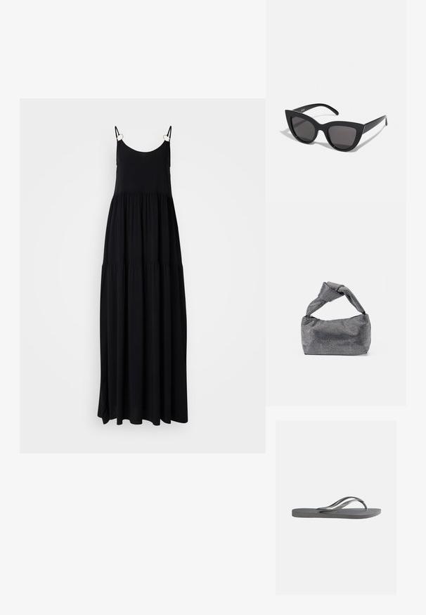 Vestido maxi negro con tirantes finos, volantes fluidos y una textura de tela suave. Presenta herrajes en tono dorado en los conectores de los tirantes.; Sandalia plana gris con plantilla texturizada y finas correas en forma de Y, mostrada de lado sobre un fondo claro y liso.; Gafas de sol negras en forma de ojo de gato con un acabado mate, que presentan lentes ahumados grises, ángulos pronunciados y brazos laterales elegantes. Nombre de la marca visible en el interior del brazo.; Bolso de mano negro y plateado con una superficie texturizada que presenta un patrón de diamante, un asa anudada y una forma estructurada.