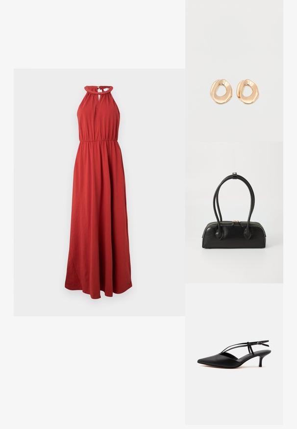 Robe maxi d'un rouge profond, avec un col halter, un décolleté froncé et une taille élastique. Tissu doux et fluide s'étendant jusqu'au sol.; Escarpin noir en cuir à bout pointu avec petit talon kitten, fine bride de cheville avec boucle, design slingback, sur un fond uni clair.; Sac à main en cuir noir avec deux anses allongées, fermeture éclair et forme arrondie ; texture lisse avec une finition légèrement brillante.; Paired boucles d'oreilles en métal doré poli de forme irrégulière avec un centre ouvert sur un fond blanc uni.