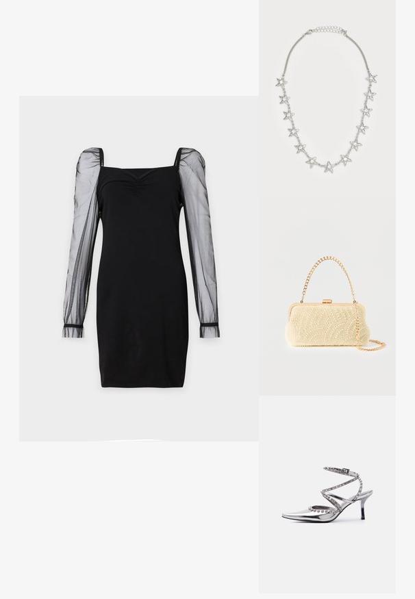 Robe noire avec un décolleté carré, un buste ajusté et des manches longues en organza transparent avec des poignets. Texture lisse avec une silhouette élégante.; Chaussure à talon haut argentée à bout pointu avec bride à la cheville et clous décoratifs en forme de boules argentées sur les lanières et les bords, sur fond blanc.; Pochette recouverte de petites perles blanches avec un cadre doré et une bandoulière chaîne dorée amovible sur fond blanc.; Collier en chaîne argentée avec onze pendentifs en forme d'étoile, chacun avec une pierre précieuse centrale transparente, et un fermoir à réglage.
